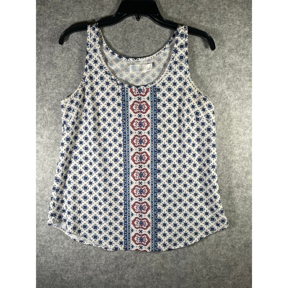 Time and Tru Womens Small Blue Red Geometric Medallion Print Scoop Neck Tank Top
